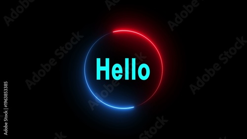 A neon-lit circle with the word Hello in a dark background