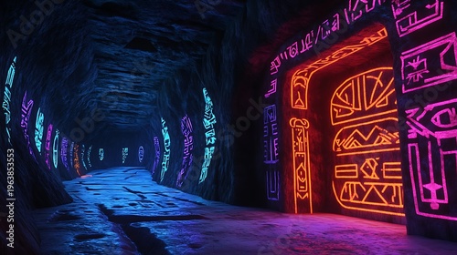 Neon illuminated passage with ancient symbols in a dark environment