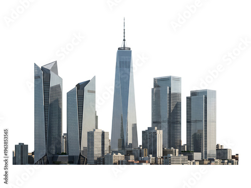Modern urban skyline featuring tall glass skyscrapers and office buildings isolated on a black background isolated on transparent background