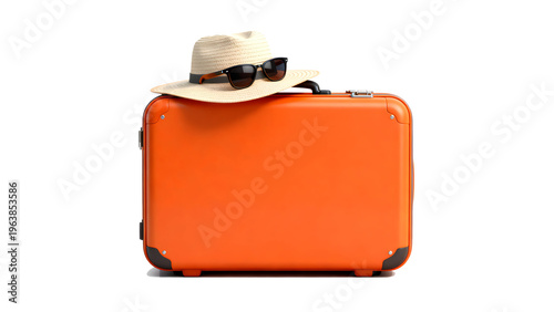 Orange Travel Suitcase with Straw Hat and Sunglasses Isolated on transparent Background