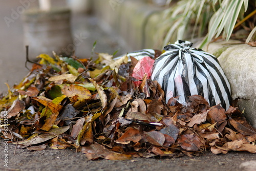 Plastic trash mixed with fallen leaves on a city street curb, symbolizing environmental waste and urban pollution