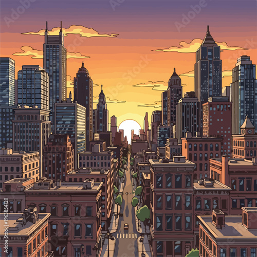 Pixelated cityscape with buildings and street, sunset in the background