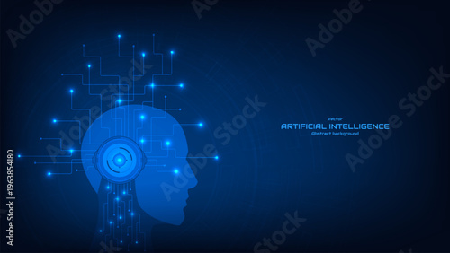 Futuristic cyborg head with circuit board pattern and neon lights a blue background. Symbolizing artificial intelligence and machine learning concepts.  Modern tech elements. Vector illustration.