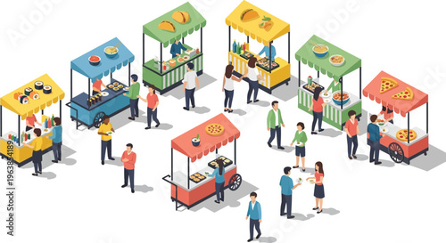 Isometric street food market with vendors and customers, outdoor festival food stalls set, 7 colorful kiosks with people, vector illustration