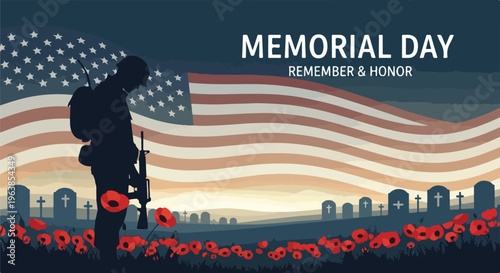 Silhouette of soldier, flag, poppies and a cemetery