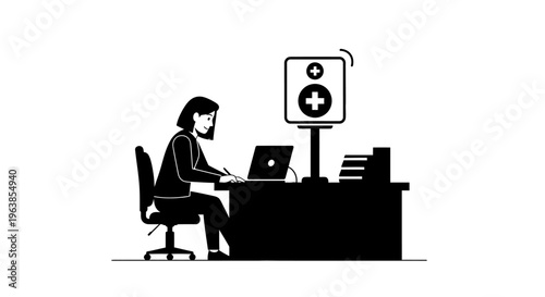 Person working on laptop at desk with medical symbol on screen