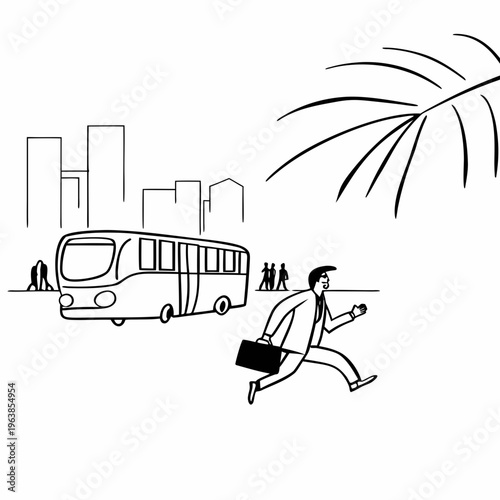 Businessman in a hurry running to catch a yellow city bus at a station with modern skyscrapers and palm leaves in background.