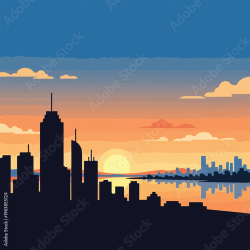 Silhouetted city skyline against a colorful sunset over a calm body of water