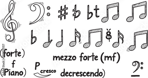 Black Hand-Drawn Music Notation Symbols: Notes, Clefs, and Dynamics Set On White