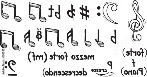 Black Hand-Drawn Music Notation Symbols: Notes, Clefs, and Dynamics Set On White