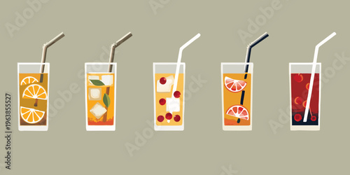 Five refreshing summer drinks in clear glasses with colorful fruit