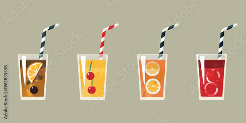 Four colorful glasses of refreshing summer drinks with striped straws