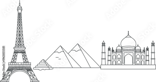 Iconic landmarks and mountains in a single line drawing