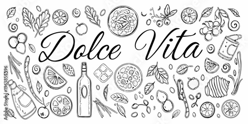Dolce vita themed sketch with fruits drinks and decorative elements