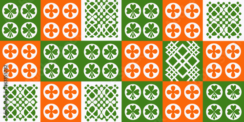 Repeating pattern of clovers eggs and diamond shapes in green and orange