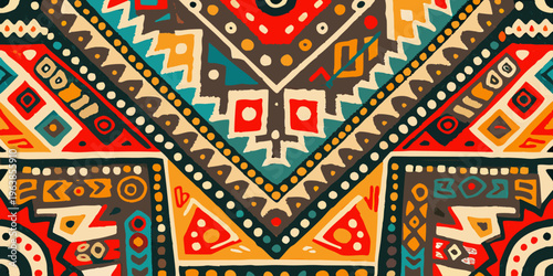 Vibrant geometric pattern with colorful ethnic motifs and ornamental details