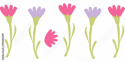 Stylized illustration of pink and purple flowers with green stems