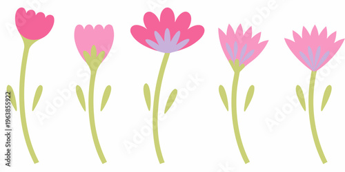 Five stylized pink flowers with green stems arranged in a row