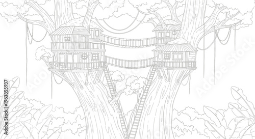 Treehouse with staircase and railings.