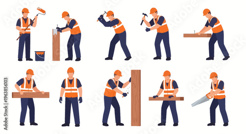 Construction worker in various actions.