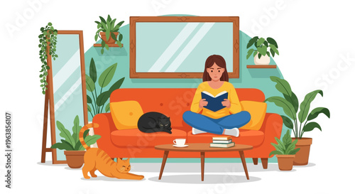 Woman Sitting on Orange Couch Relaxing.