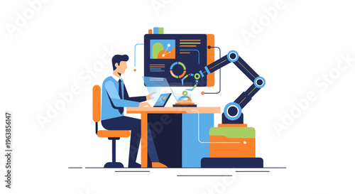 Man working with robotic arm technology.