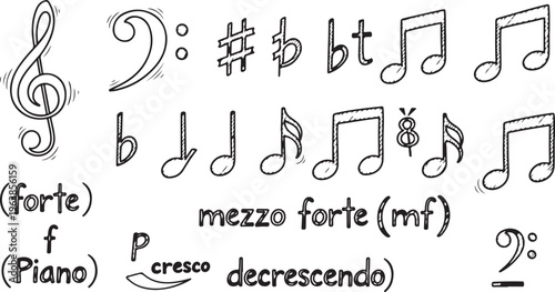 Set of Hand-Drawn Music Notes, Clefs, and Dynamics Symbols