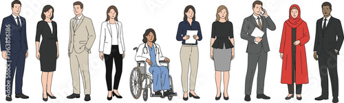 Diverse group of professionals and modern people in smart casual and formal business attire standing in relaxed poses flat vector character set