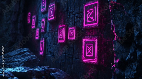 Neon symbols illuminate a dark cave wall futuristic art abstract design