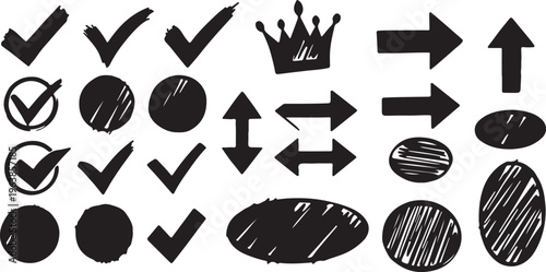 A practical collection of black hand-sketched user interface icons and geometric shapes on white. Featuring various checkmarks, directional arrows, a crown, and textured ovals.
