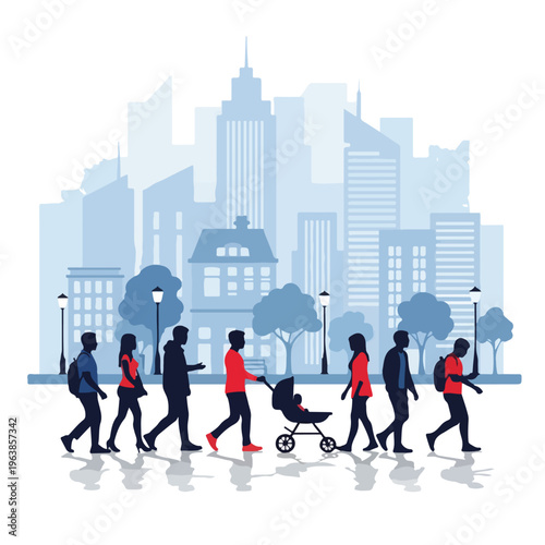 Silhouetted pedestrians walking along a city street in front of buildings