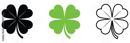 four-leaf clover icon set, a symbol of good luck and fortune, black and green colors, isolated on white background, editable stroke vector design for holiday, St. Patrick’s Day, and fortune themes.