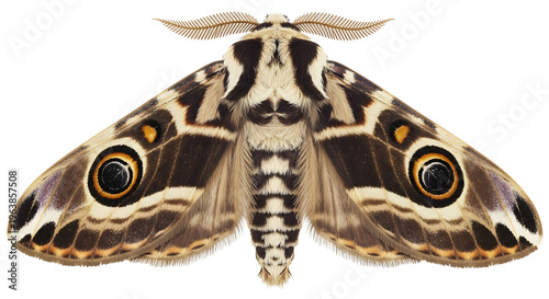 large moth insect with intricate wing patterns and striking eye-spots isolated on white for nature and biology studies.