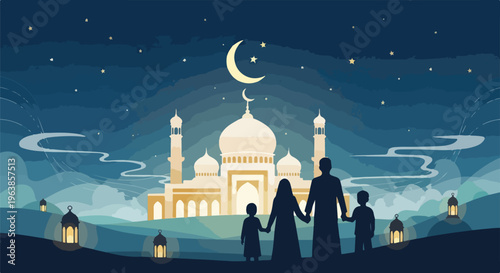Silhouettes of family and mosque at night, lanterns, crescent moon