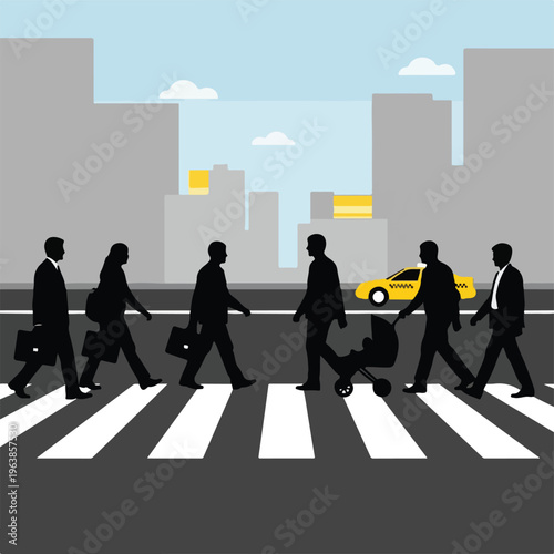 Silhouettes of people crossing a crosswalk in a city setting