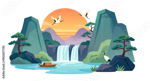 Oriental Natural Landscape with Waterfall and Cranes