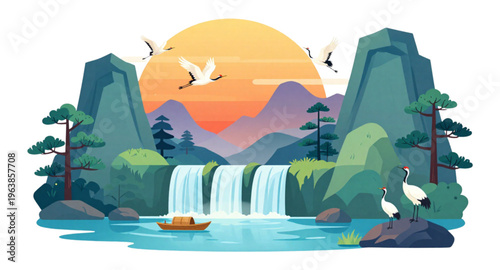 Classical Mountain Landscape Illustration at Sunset