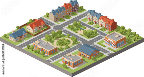 Charming Isometric Neighborhood View with Residential Houses Commercial Store Roads and Green Park Spaces