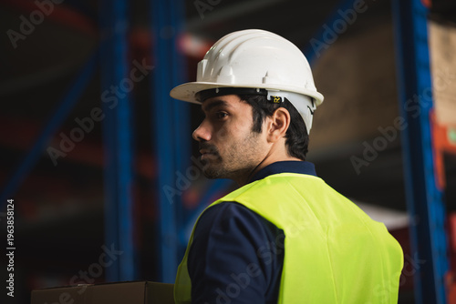 Принти на полотні Male worker safety helmet reflective vest warehouse logistics storage inventory