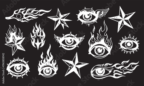 A collection of edgy, hand-drawn mystical elements featuring various "all-seeing eye" designs, some with wings, thorns, or engulfed in flames. 
