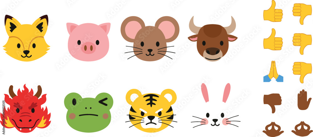 Obraz premium Cute animal face emoji vector set featuring fox, pig, mouse, buffalo, tiger, frog, rabbit and hand gesture icons illustration