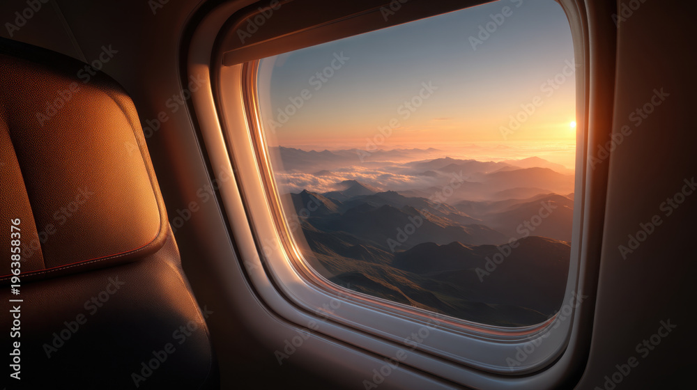 Naklejka premium Golden hour mountain sunrise seen from airplane window with leather seat illuminated by warm light, peaceful aerial view and soft clouds creating serene travel atmosphere