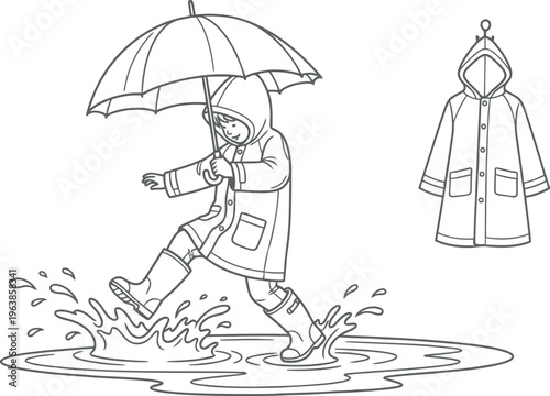 Child jumping in puddle on a rainy day with umbrella and raincoat