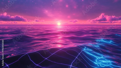 Ocean waves under a vivid sunset with glowing grid overlay serene scenery