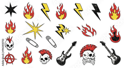 An edgy, hand-drawn collection of punk rock and rock n' roll icons featuring mohawk skulls, electric guitars, lightning bolts, safety pins, and vibrant fire flames.