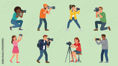 Photographers capture moments in dynamic poses. Each figure focuses intently through camera lenses. They kneel, crouch, or lie low to frame perfect shots