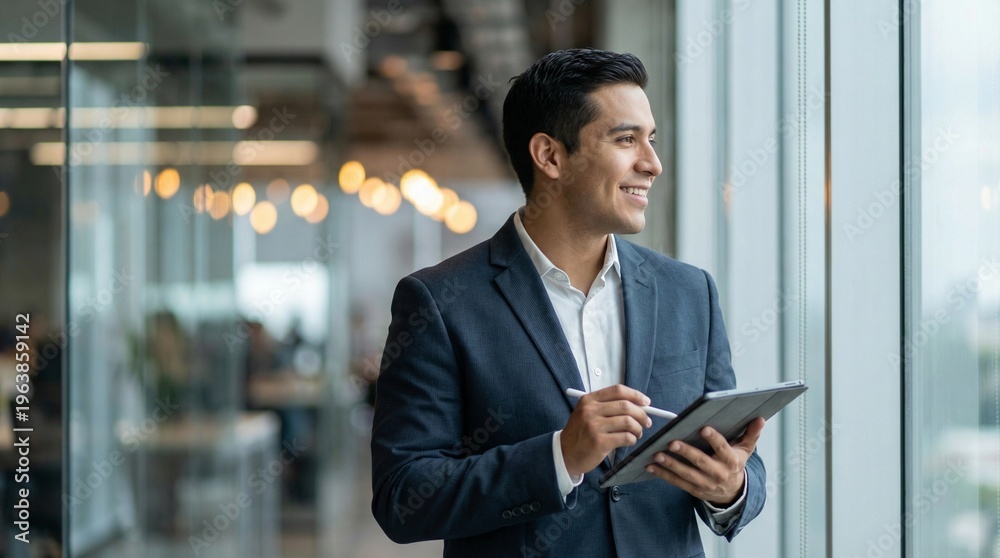 Fototapeta premium Happy Young Hispanic Businessman Holding Digital Tablet in Office