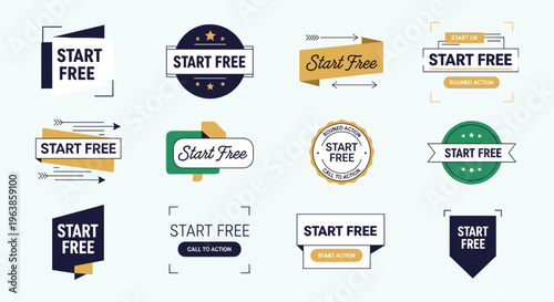 A collection of colorful graphic ribbons and badges displaying start free text designed for marketing and promotional purposes high quality professional detailed modern