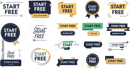 A collection of vibrant colorful start free call to action badges and labels in various shapes and styles are displayed high quality professional