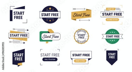 A collection of vibrant colorful start free badges and ribbons with directional arrows promoting calls to action high quality professional detailed modern elegant